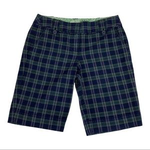 Loft Retail Plaid Bermuda Shorts Size 0 Mid Rise Preppy Green Blue Dark Acedemia
